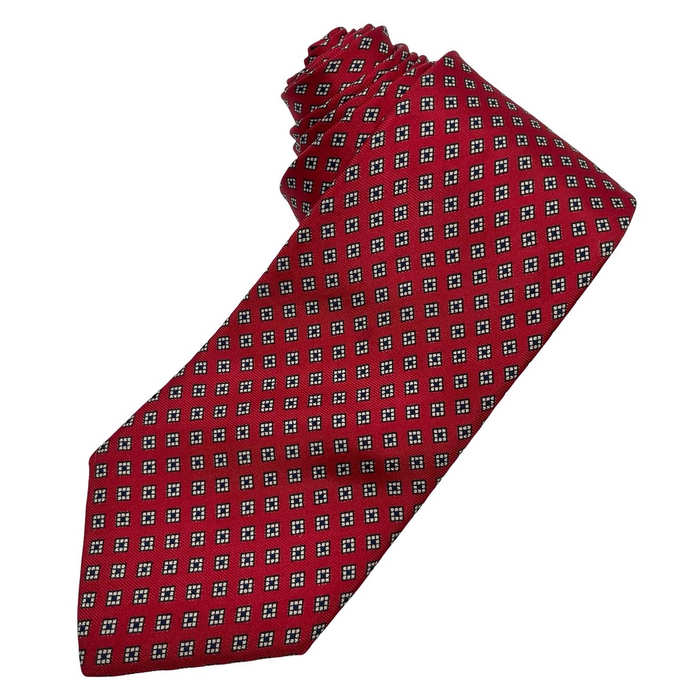 Vintage Jos A Bank Silk Tie Red Geometric Hand‎ Printed Made in USA Necktie